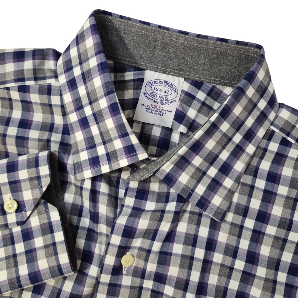 Brooks Brothers Dress Shirt Mens 16.5 32 Slim Fit Gray Plaid Egyptian Cotton USA